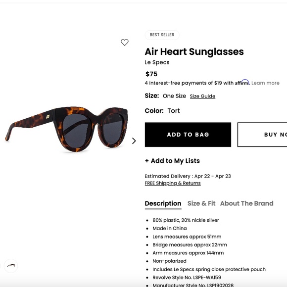 Le Specs Air Heart Sunglasses in Tort
